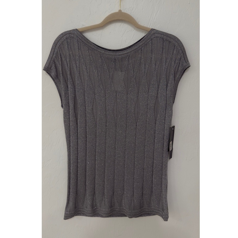 Jones New York Collection Silver Metallic Knit Top Cap Sleeve Boat Neck Small - Picture 2 of 9